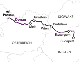 eine-donau-literatour-8.jpg Karte der Donau von Passau nach Budapest mit Zwischenstationen.