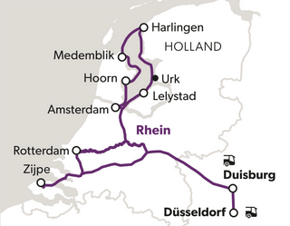 frau-guggers-niederlande-5.png Karte mit Reiseroute zwischen verschiedenen Städten in Holland und Deutschland.