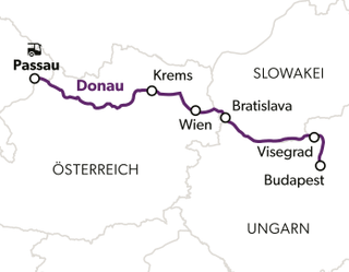 Karte der Donau mit Route von Passau nach Budapest.