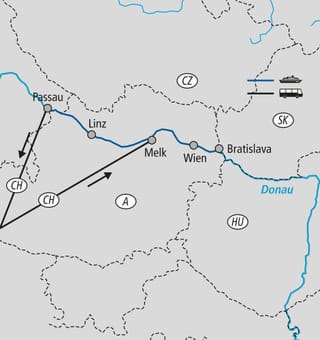 mit-musik-ins-neue-jahr-auf-der-donau-3.jpg Karte einer Route durch Mitteleuropa mit Städten und Flüssen.