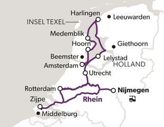 Karte der Niederlande mit markierten Städten und Reiserouten.