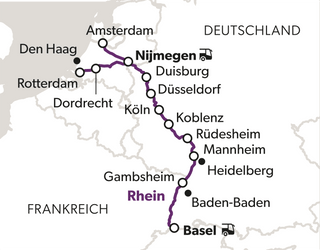 Karte mit einer Zugstrecke von Amsterdam nach Basel durch Deutschland.