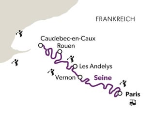 golf-par-excellence-an-der-seine-7.jpg Karte der Seine-Route in Frankreich mit markierten Städten.