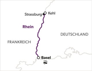 Karte mit Zugstrecke von Strassburg über Kehl nach Basel.