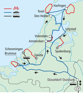 Karte mit Routen für Fahrrad und Bus in den Niederlanden und Deutschland.