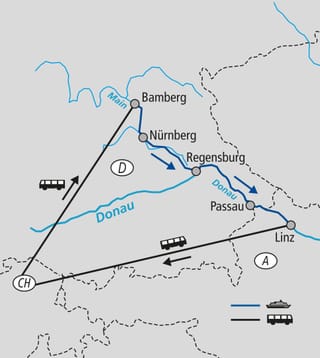 weihnachtsschiff-von-bamberg-nach-linz-3.jpg Karte mit Routenverlauf von Bussen und Booten zwischen Städten und Flüssen.