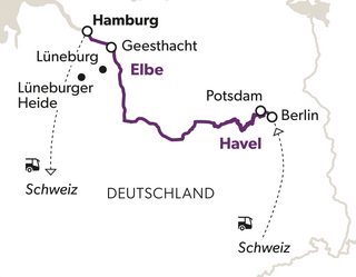 Karte Deutschlands mit eingezeichneten Städten und Flussverlauf von Elbe und Havel.
