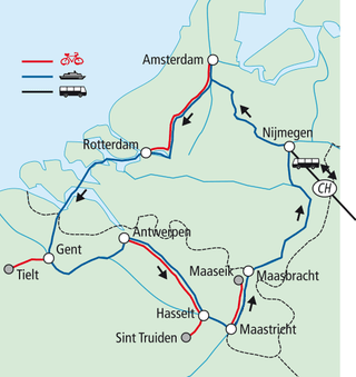 belgien-und-holland-2.jpg Karte mit Rad-, Schiffs- und Busrouten in den Niederlanden und Belgien.