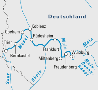 Karte von Deutschland mit Flüssen und Städten, darunter Frankfurt und Würzburg.