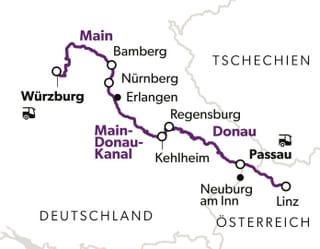 Karte des Main-Donau-Kanals von Würzburg nach Linz über Nürnberg.