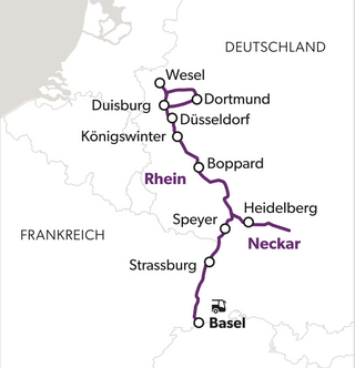 Karte mit einer Zugstrecke durch Deutschland und Frankreich, Stationen markiert.