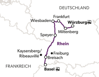 Karte mit markierten Städten und einer Reiseroute in Europa.