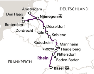 Karte mit Zugstrecke durch Städte in Deutschland und den Niederlanden.
