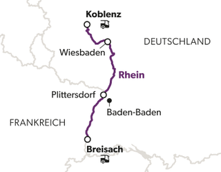 Karte der Rheinstrecke von Koblenz nach Breisach, Deutschland.