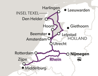 Karte von Holland mit markierten Radrouten.