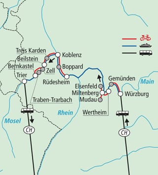 rhein-main-und-mosel-2.jpg Karte von Fahrradrouten entlang der Mosel und Rhein mit Städtenamen.