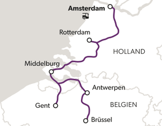 Karte mit einer Route von Amsterdam nach Brüssel durch Holland und Belgien.