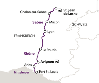 welterbe-zwischen-jura-und-camargue-6.jpg Karte mit Route von St. Jean de Losne nach Port St. Louis durch Frankreich.