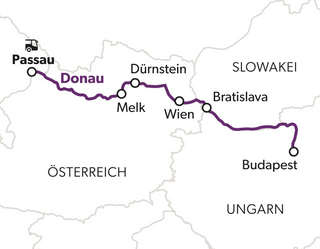 Karte mit Route entlang der Donau von Passau über Wien nach Budapest.