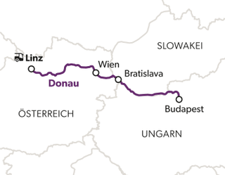Karte mit Route entlang der Donau von Linz nach Budapest.