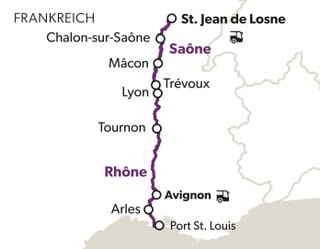 suedfrankreichs-gruene-oasen-5.jpg Karte von Frankreich mit Route von St. Jean de Losne nach Port St. Louis entlang Saône und Rhone.