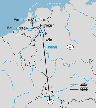 Karte mit Städten in Deutschland und den Niederlanden und markierten Routen.