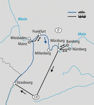 mit-musik-ins-neue-jahr-auf-rhein-und-main-3.png Karte mit Fluss- und Landverkehrsrouten zwischen Städten entlang von Main und Rhein.