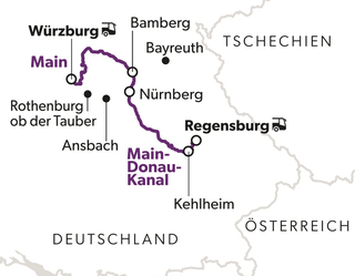 franken-und-die-oberpfalz-sommertage-zum-geniessen-8.png Karte mit einer violetten Linie, die durch Städte in Deutschland führt.