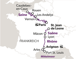 grand-voyage-premiere-atlantik-und-mittelmeer-7.png Karte von Frankreich mit markierter Reiseroute entlang der Seine, Saône und Rhône Flüsse.
