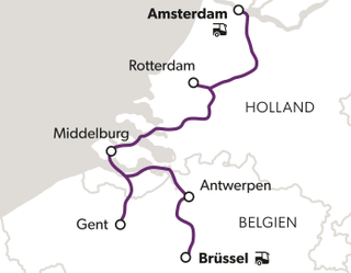 city-cruise-holland-trifft-flandern-7.jpg Karte mit Zugstrecke von Amsterdam nach Brüssel, die Städte in Holland und Belgien verbindet.