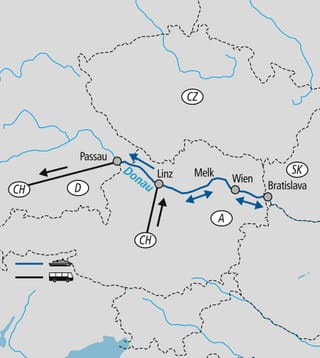 neujahrsfluss-zauber-auf-der-donau-4.jpg Karte mit Routen und Städten in Mitteleuropa, einschliesslich Passau, Linz, und Wien.