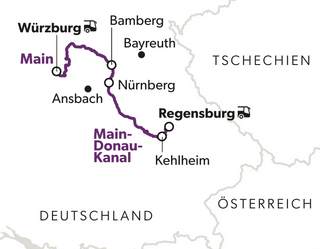 Karte mit Routenverlauf von Würzburg nach Regensburg durch Deutschland.