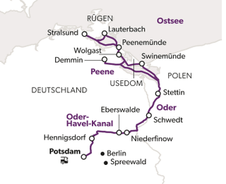 Karte der Zugstrecke von Potsdam über Rügen bis Stettin.