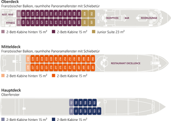 Deckplan eines Schiffes mit Kabinen, Junior Suite, Restaurant und anderen Bereichen auf drei Decks.