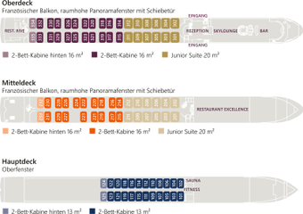 Deckplan eines Schiffs mit Kabinen und Einrichtungen markiert.
