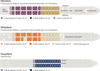 Deckplan eines Kreuzfahrtschiffs mit Kabinenaufteilungen.