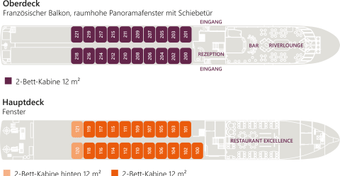 Deckplan eines Schiffes mit Kabinen, Bar und Restaurant.