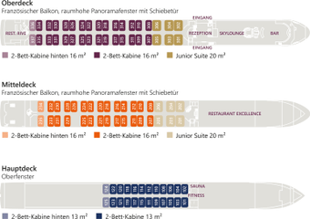 Deckplan eines Kreuzfahrtschiffs mit Kabinen und Einrichtungen.