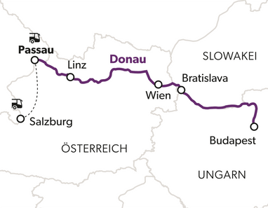 Karte mit Route von Passau nach Budapest entlang der Donau.