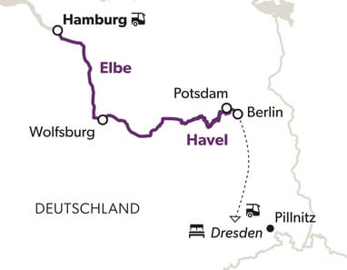 Karte mit eingezeichneten Routen und Städtenamen in Deutschland.
