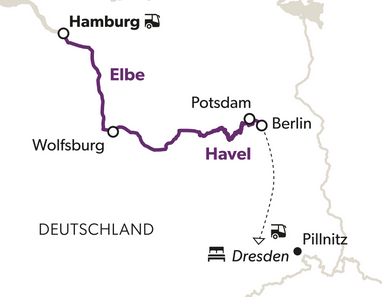 Karte mit eingezeichneten Routen und Städtenamen in Deutschland.