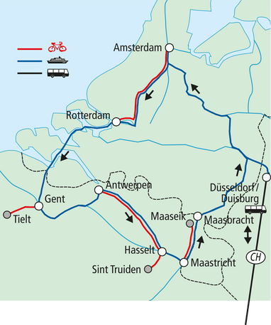 Karte mit Fahrrad- und Busrouten in Europa, einschliesslich Amsterdam, Rotterdam und Antwerpen.