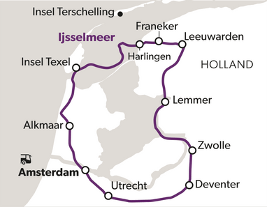 Karte zeigt Route von Amsterdam durch Holland.