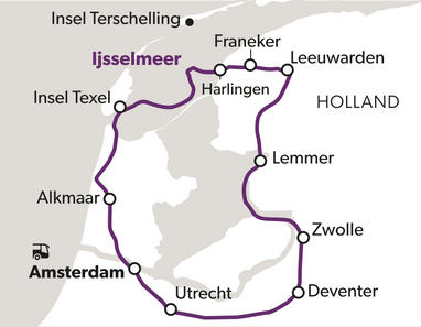 maritime-sommerfrische-ijsselmeer-und-friesland-7.png Karte zeigt Route von Amsterdam durch Holland.