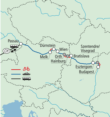 Karte der Donau-Radroute von Passau nach Budapest.