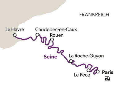 Karte mit dem Verlauf der Seine und Städten in Frankreich.