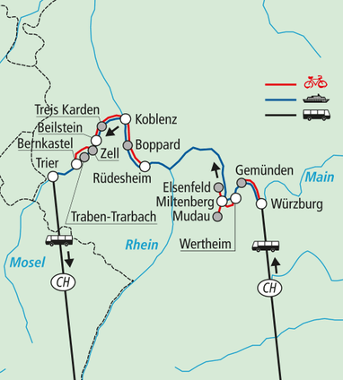 Karte von Fahrradrouten entlang der Mosel und Rhein mit Städtenamen.