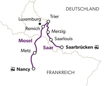 Karte mit eingezeichneten Verbindungen zwischen Städten in Deutschland und Frankreich.