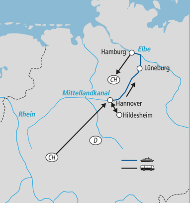 Karte mit Wasserwegen und Kanälen, zeigt Städte wie Hamburg und Hannover.