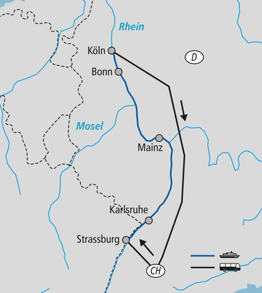 Karte mit Strassen- und Flussverlauf durch verschiedene Städte.